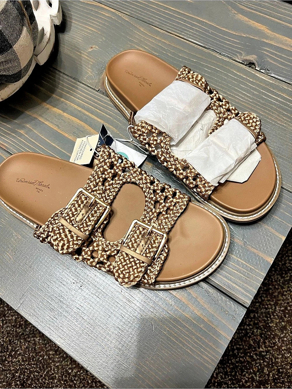 Universal Thread Woven Buckle Slide Sandals Brown & Gold US 9